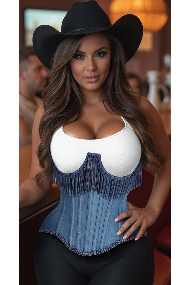 Daisy Corsets Top Drawer Steel Boned Blue Denim Underwire Underbust Corset Cincher w/Fringe