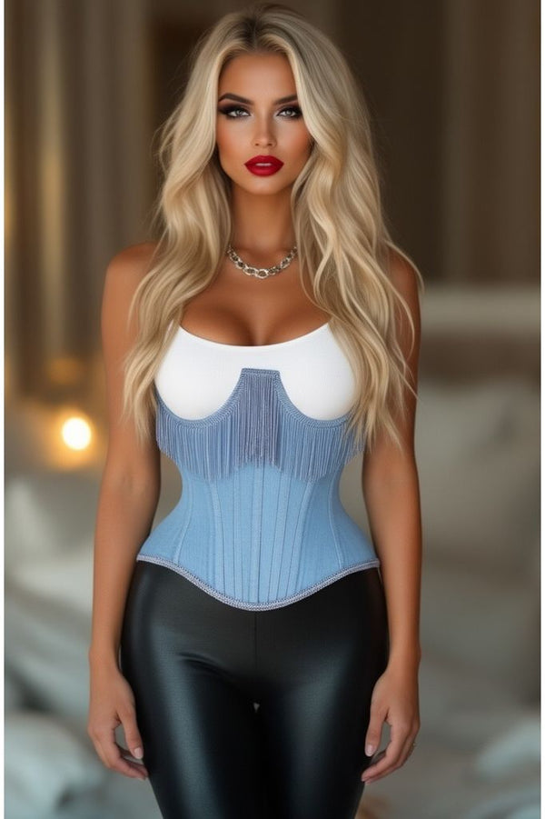 Daisy Corsets LIMITED EDITION Top Drawer Steel Boned Light Blue Denim Underwire Underbust Corset Cincher w/Fringe