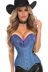 Daisy Corsets Top Drawer Blue Denim Steel Boned Overbust Corset w/Fringe