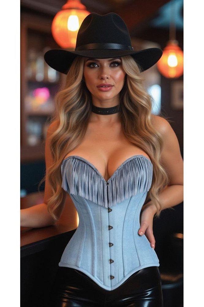 Daisy Corsets Top Drawer Light Blue Denim Steel Boned Overbust Corset w/Fringe