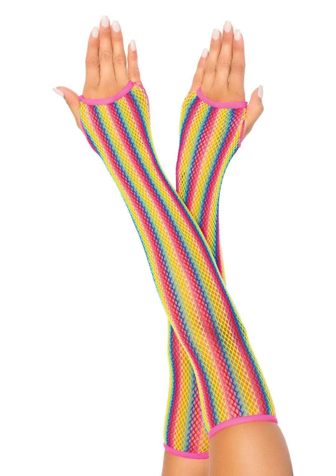 Leg Avenue Rainbow Net Fingerless Arm Warmer Gloves - One Size - Multicolor