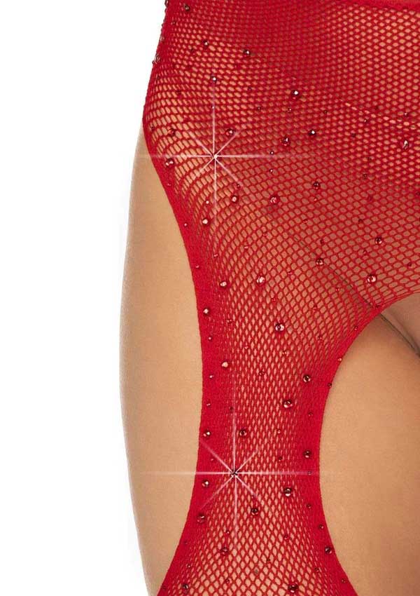 Leg Avenue Casey Rhinestone Fishnet Suspender Pantyhose - One Size - Red