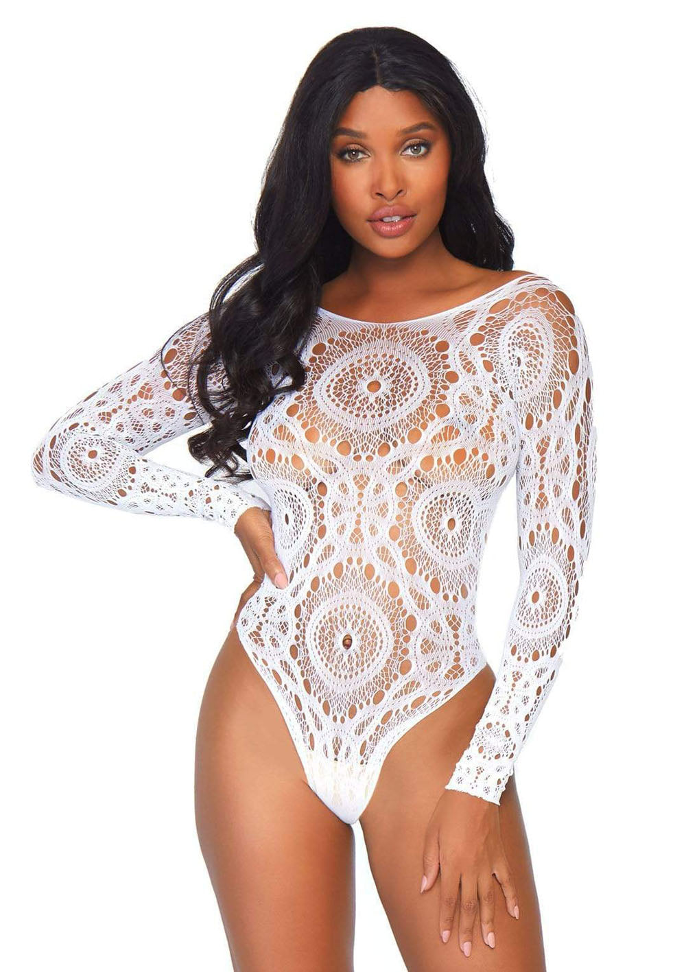 Leg Avenue Crochet Lace Long Sleeve Thong Back Teddy - White