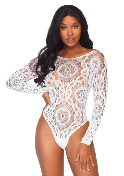 Leg Avenue Crochet Lace Long Sleeve Thong Back Teddy - White