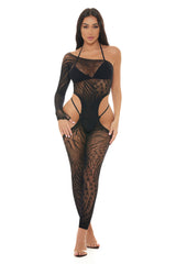 Pink Lipstick Star Sign One Sleeve Bodystocking Black