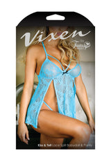 Fantasy Lingerie Vixen Kiss & Tell Lace Split Babydoll & Panty Newport Blue
