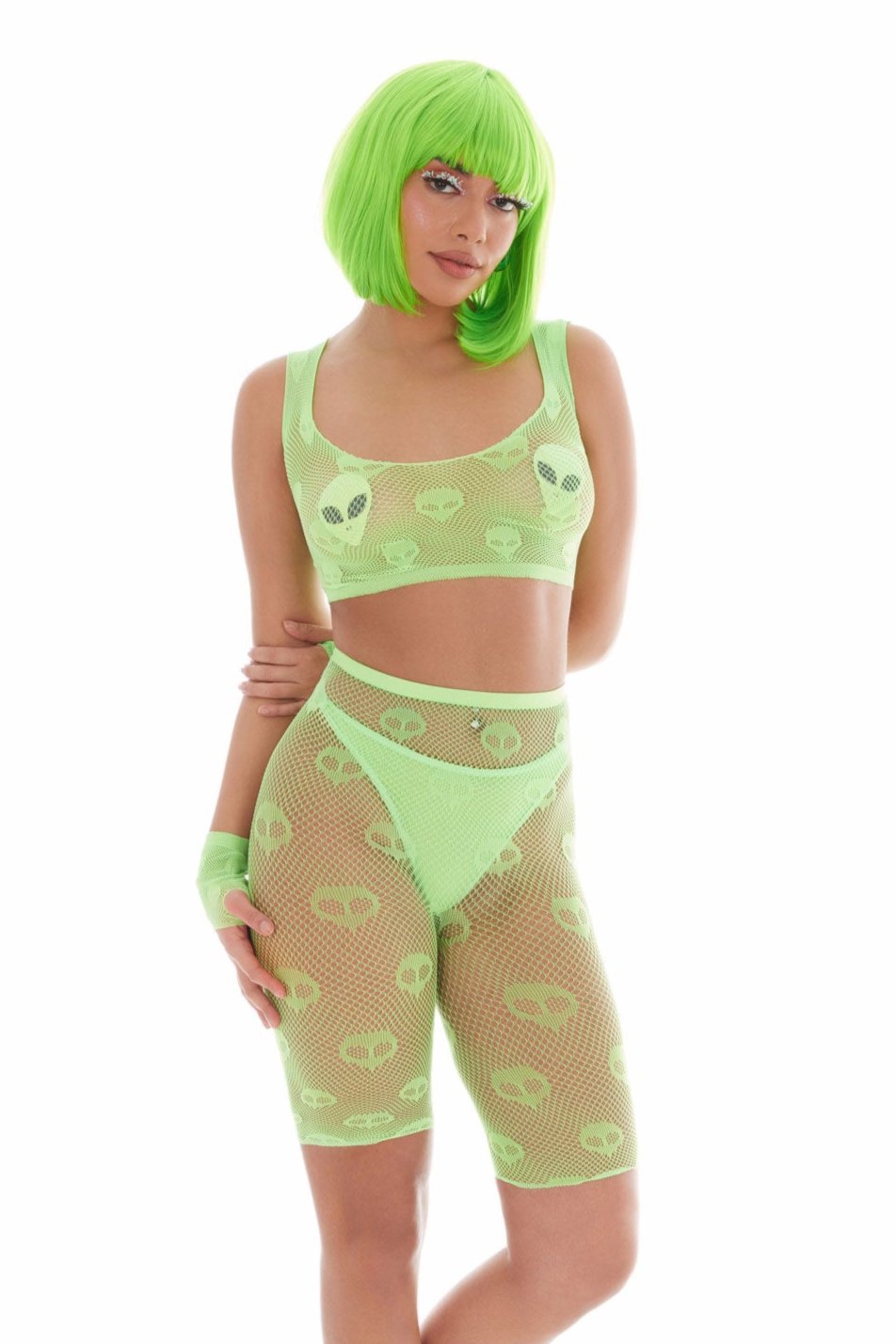 Kandi House Out of This World 5pc Alien Crop Top Shorts Set Green