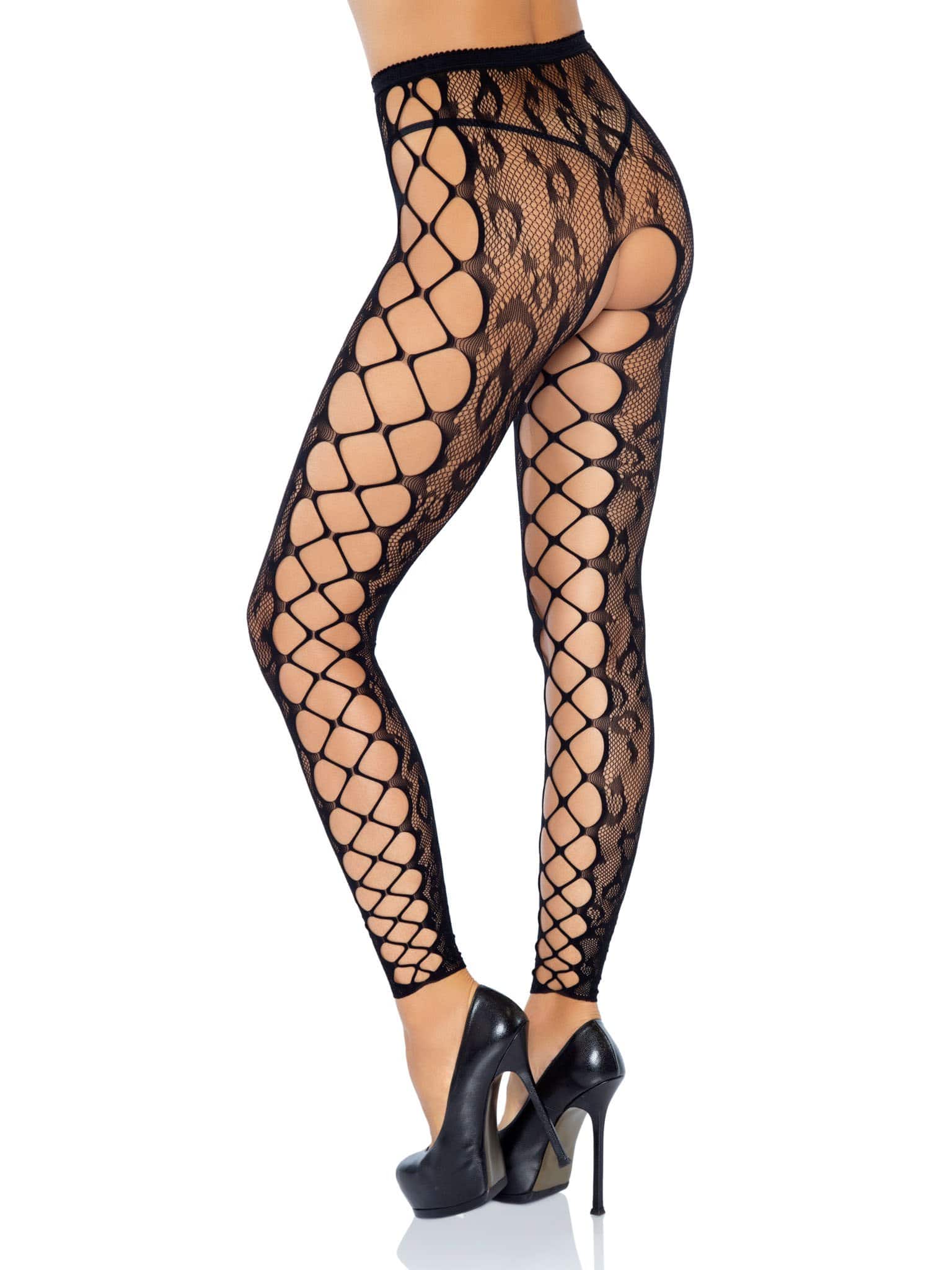 Leg Avenue Footless Leopard Lace Crotchless Tights - Black