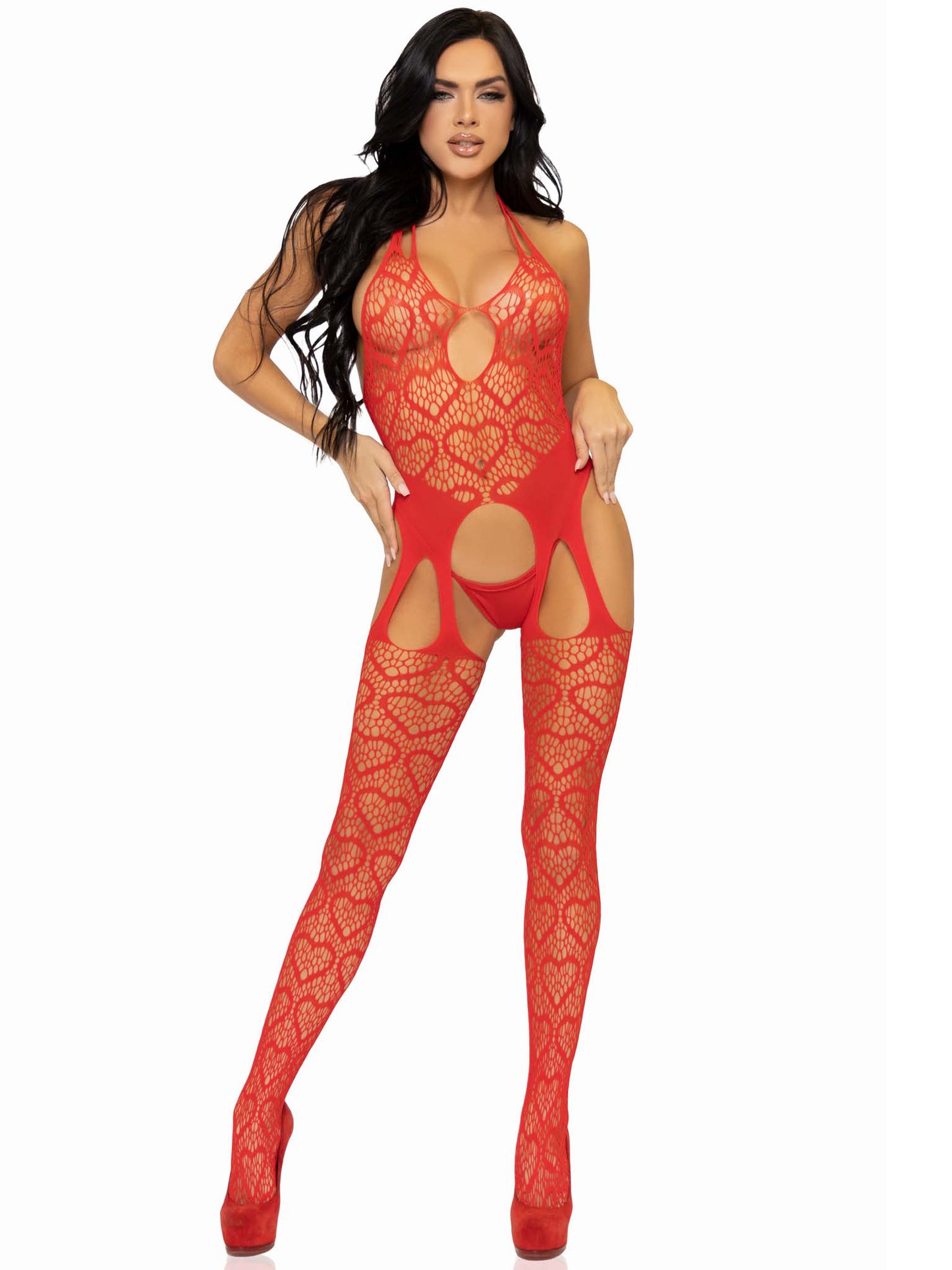 Leg Avenue Seamless Heart Net Suspender Bodystocking - One Size - Red