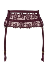 Axami Acai Berry Luxe garter belt in exclusive purple and gold lace with golden adjustable elements.