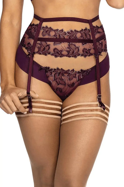 Axami Acai Berry Luxe garter belt with purple and gold lace, golden adjustable elements, and sheer stockings.