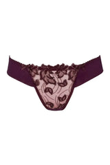 Axami Acai Berry sheer thong with luxurious purple and gold lace, delicate bows, and sensual design.