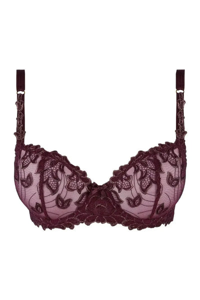 Stunning Axami Acai Berry deep purple sheer mesh balconette bra with delicate embroidery.