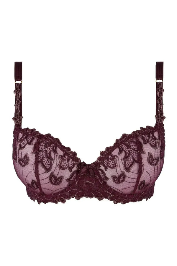 Stunning Axami Acai Berry deep purple sheer mesh balconette bra with delicate embroidery.