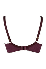 Back of Axami Acai Berry unlined sheer balconette bra in deep purple with adjustable straps.
