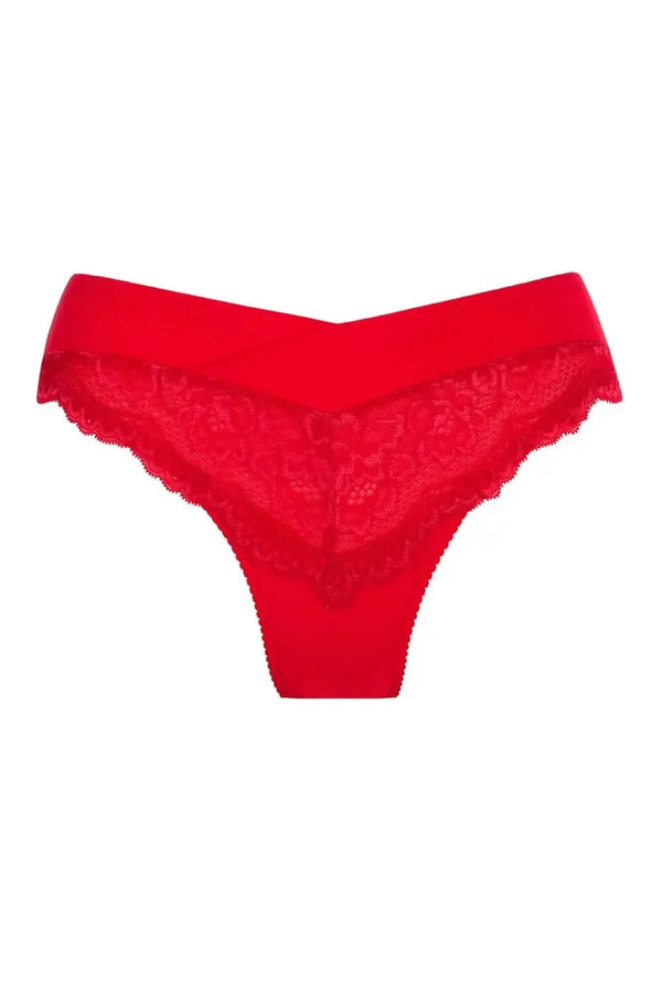 Red Axami Aida bikini briefs with delicate lace trim, highlighting your figure with classic style and comfort.