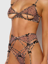 House of Desire Alia Leopard Mesh Bra, Garter, & Backless Panty Set