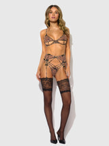 House of Desire Alia Leopard Mesh Bra, Garter, & Backless Panty Set