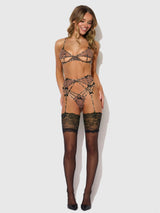 House of Desire Alia Leopard Mesh Bra, Garter, & Backless Panty Set