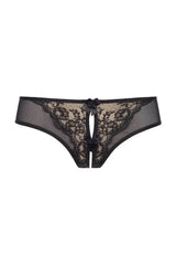 Axami Almond Jelly Peek-a-boo Bikini: tempting black lace on beige Brazilian string with sensual cut.