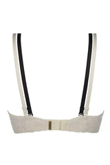 Back of Axami Alstroemeria push-up bra with delicate ivory lace, black lace stripes, and adjustable straps.
