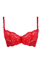 Sensual Axami Amor Amor padded balcony bra in passionate red lace with delicate bows.