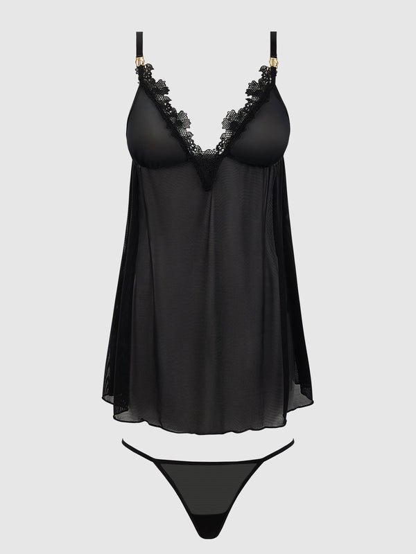 House of Desire Ashley Alexiss Lace & Sheer Mesh Babydoll & G-String Set