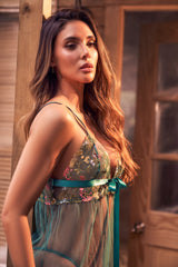 Aurora Green Satin Tie Embroidered Babydoll & Thong - Mapale