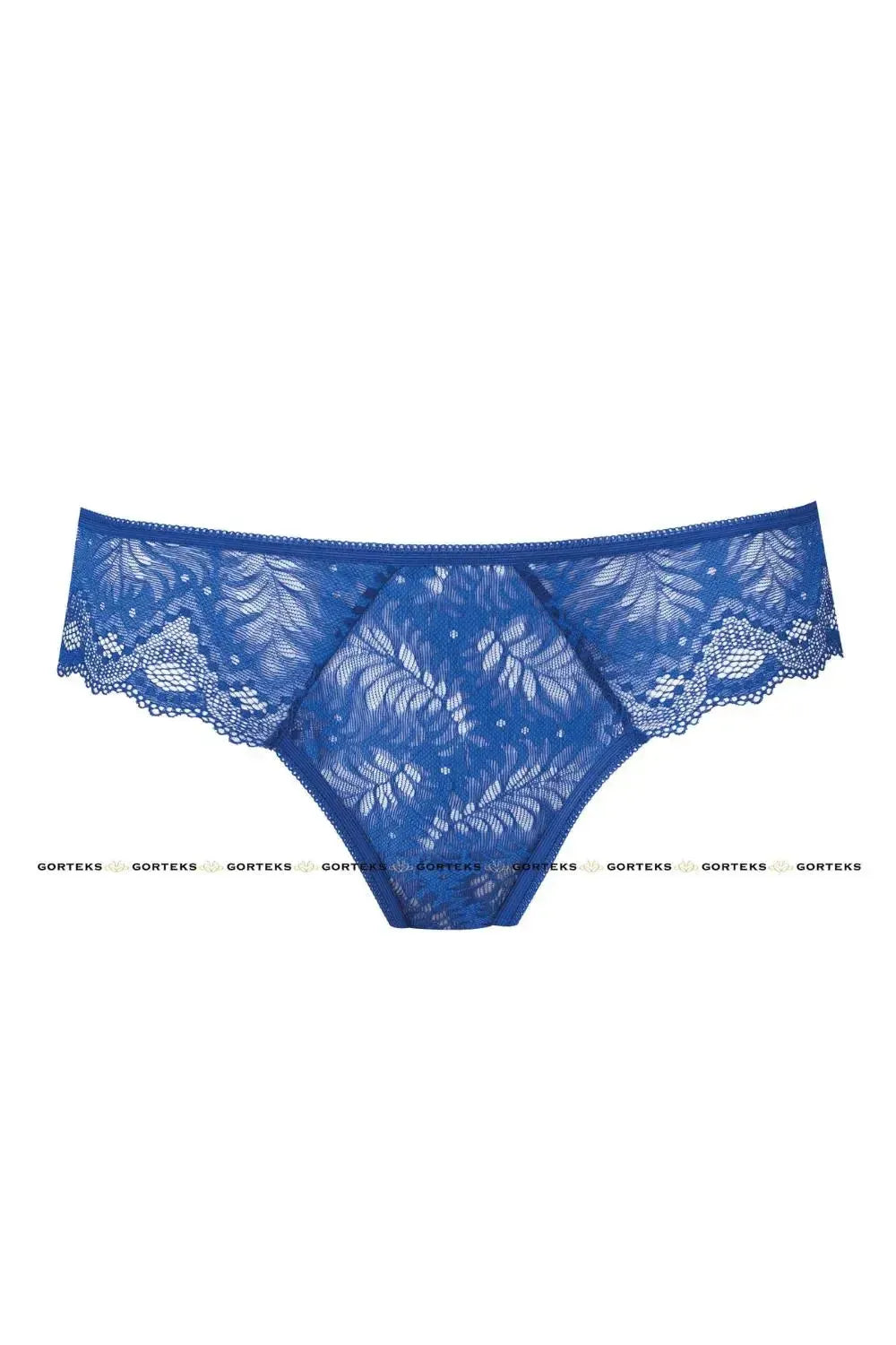 Azzurro blue lace thong with delicate floral pattern and breathable cotton crotch.