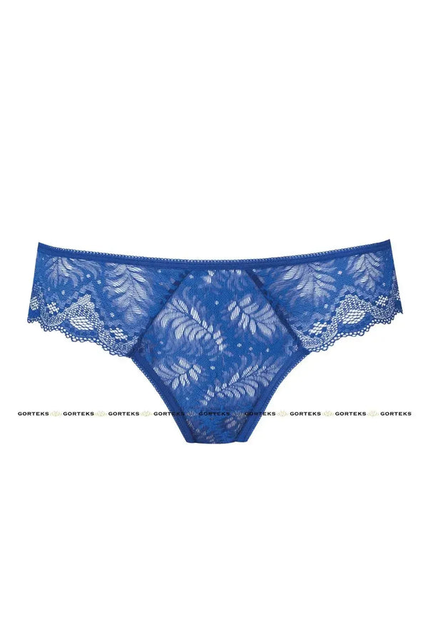 Azzurro blue lace thong with delicate floral pattern and breathable cotton crotch.