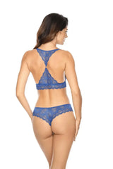 Azzurro blue lace thong with delicate floral patterns, paired with a matching lace bralette, shown from behind.