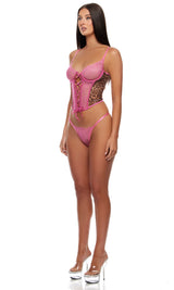 Forplay Animal Instincts Sheer Mesh Bustier Lingerie Set Pink Leopard