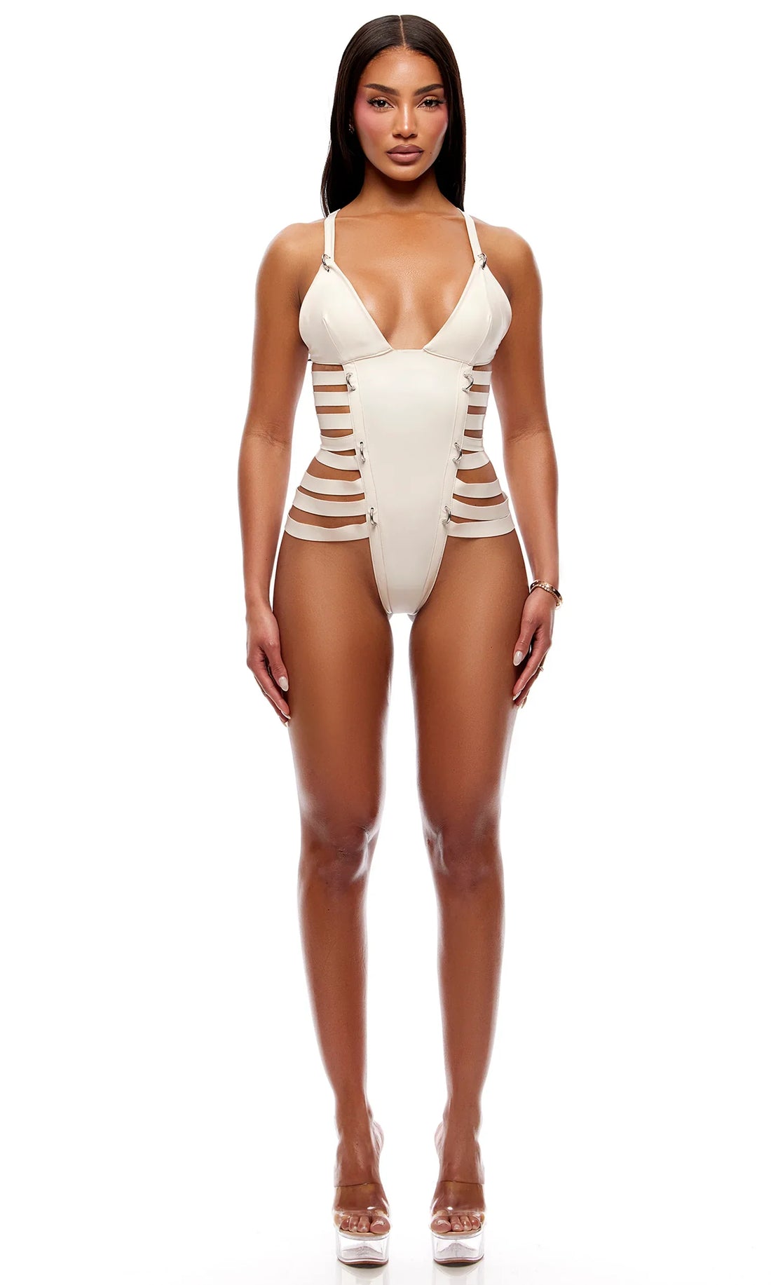 Strap Tease Strappy Matte Vinyl Teddy - Cream