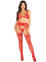 Leg Avenue 3pc Lace Bra Top, G-String, and Stockings