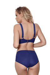 Axami Bal Harbour bikini briefs and matching bra in elegant navy with turquoise lace and fancy bows.