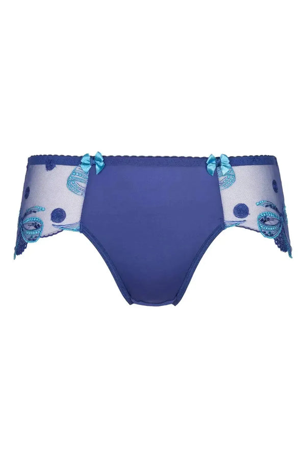 Axami Bal Harbour Bikini Briefs: elegant blue design with turquoise lace inserts and fancy bows motif.