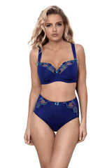 Axami Bal Harbour high-waisted briefs and matching bra in elegant blue with turquoise lace inserts.