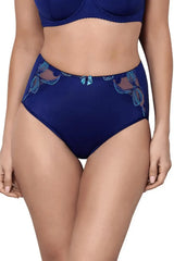 Axami Bal Harbour high-waisted briefs in elegant navy with turquoise lace inserts and a delicate bow.