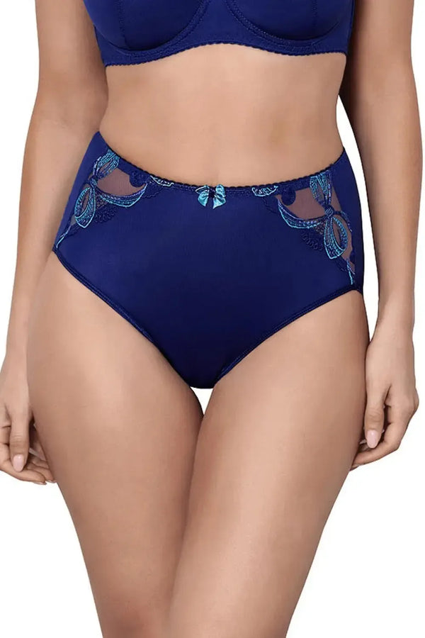 Axami Bal Harbour high-waisted briefs in elegant navy with turquoise lace inserts and a delicate bow.