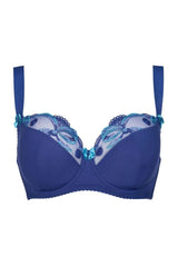 Axami Bal Harbour padded balconette bra in deep blue with delicate lace, embroidery, and charming bows.