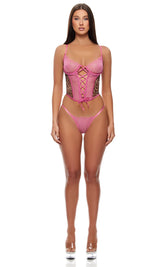 Forplay Animal Instincts Sheer Mesh Bustier Lingerie Set Pink Leopard