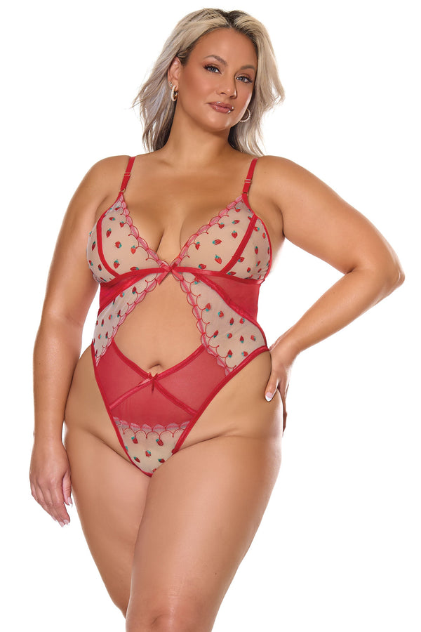 Coquette Queen Teddy Sheer Triangle Cups Keyhole Bow Detail Berry Sweet Red