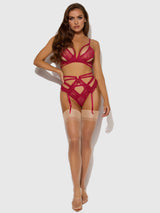House of Desire Queen Bianca Strappy Lace Bra, Garter & Hipster Set Persian Red