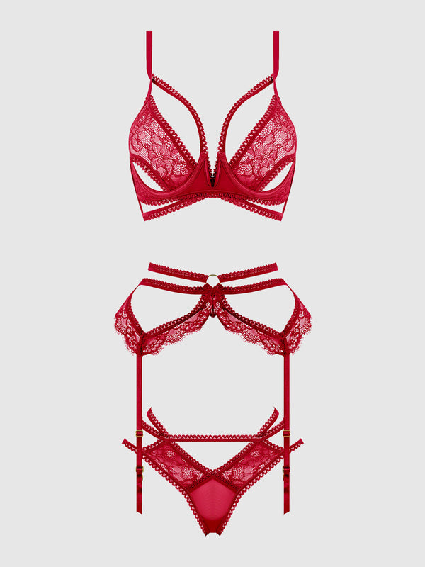 House of Desire Bianca Strappy Lace Bra, Garter & Hipster Set