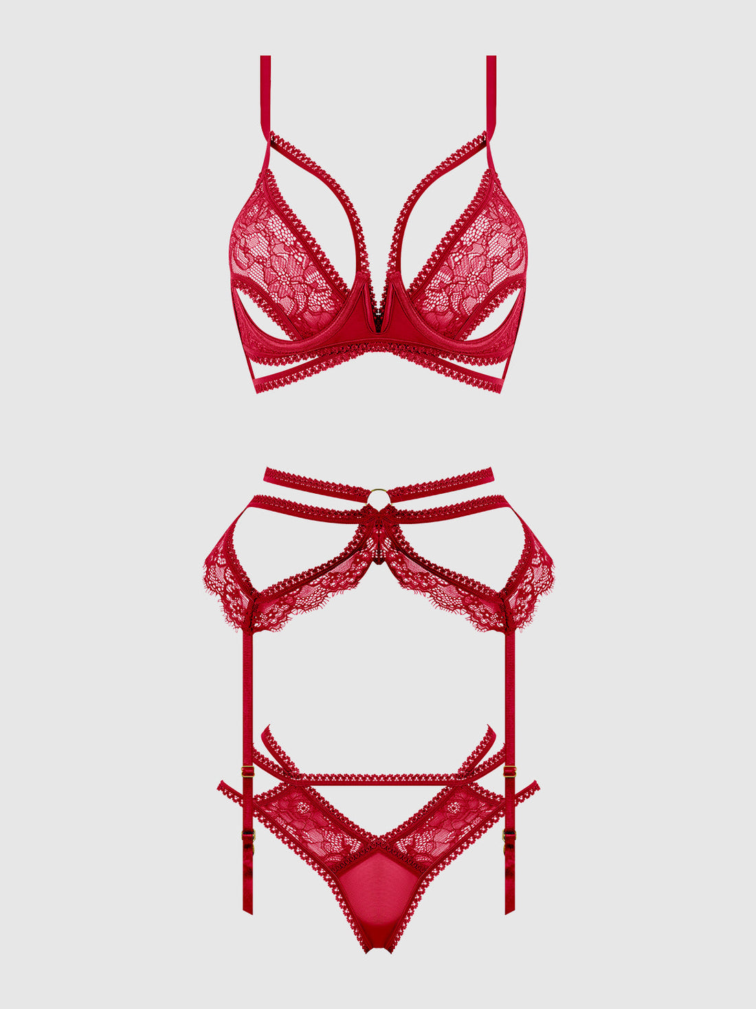 House of Desire Queen Bianca Strappy Lace Bra, Garter & Hipster Set Persian Red