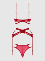 House of Desire Queen Bianca Strappy Lace Bra, Garter & Hipster Set Persian Red
