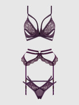 House of Desire Bra, Garter & Hipster Set Strappy Lace Bianca Plum