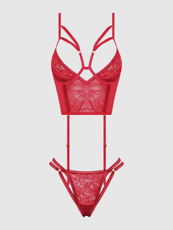 House of Desire Bianca Strappy Lace Bustier & Thong Set