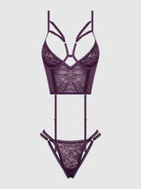 House of Desire Queen Bianca Strappy Lace Bustier & Thong Set Plum