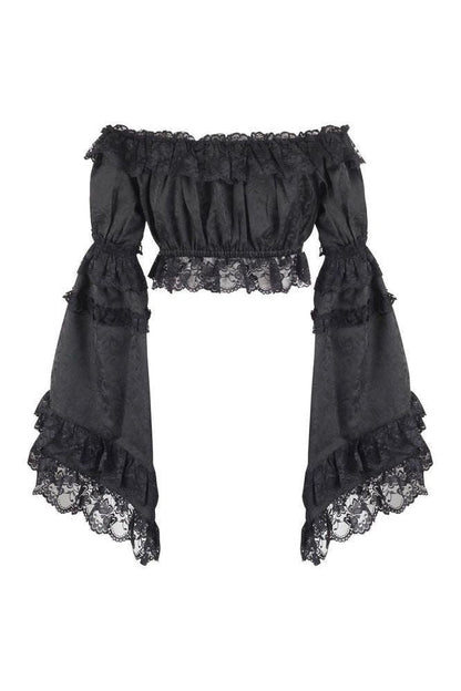 Black Brocade Smocked Flare Sleeve Peasant Top - Daisy Corsets